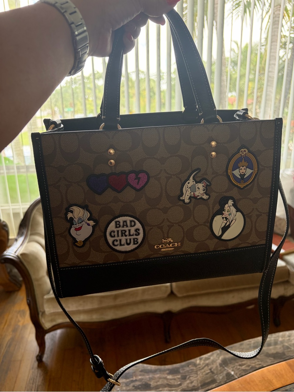 Coach Brown Villains Signature Canvas Tote with Black Trim and Colorful Patches